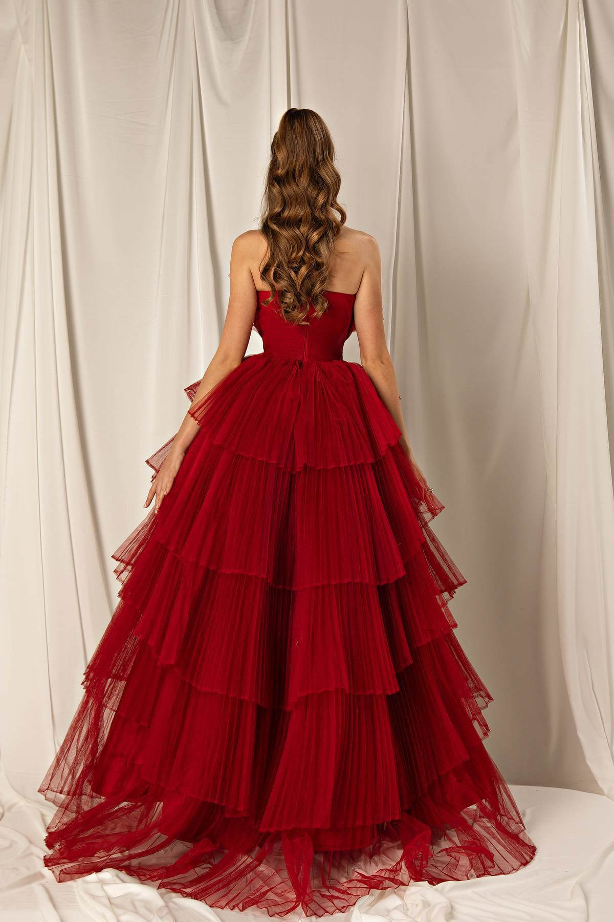 Strapless Burgundy Mermaid Sleeveless Layered Evening Dress, Online | Ballbella