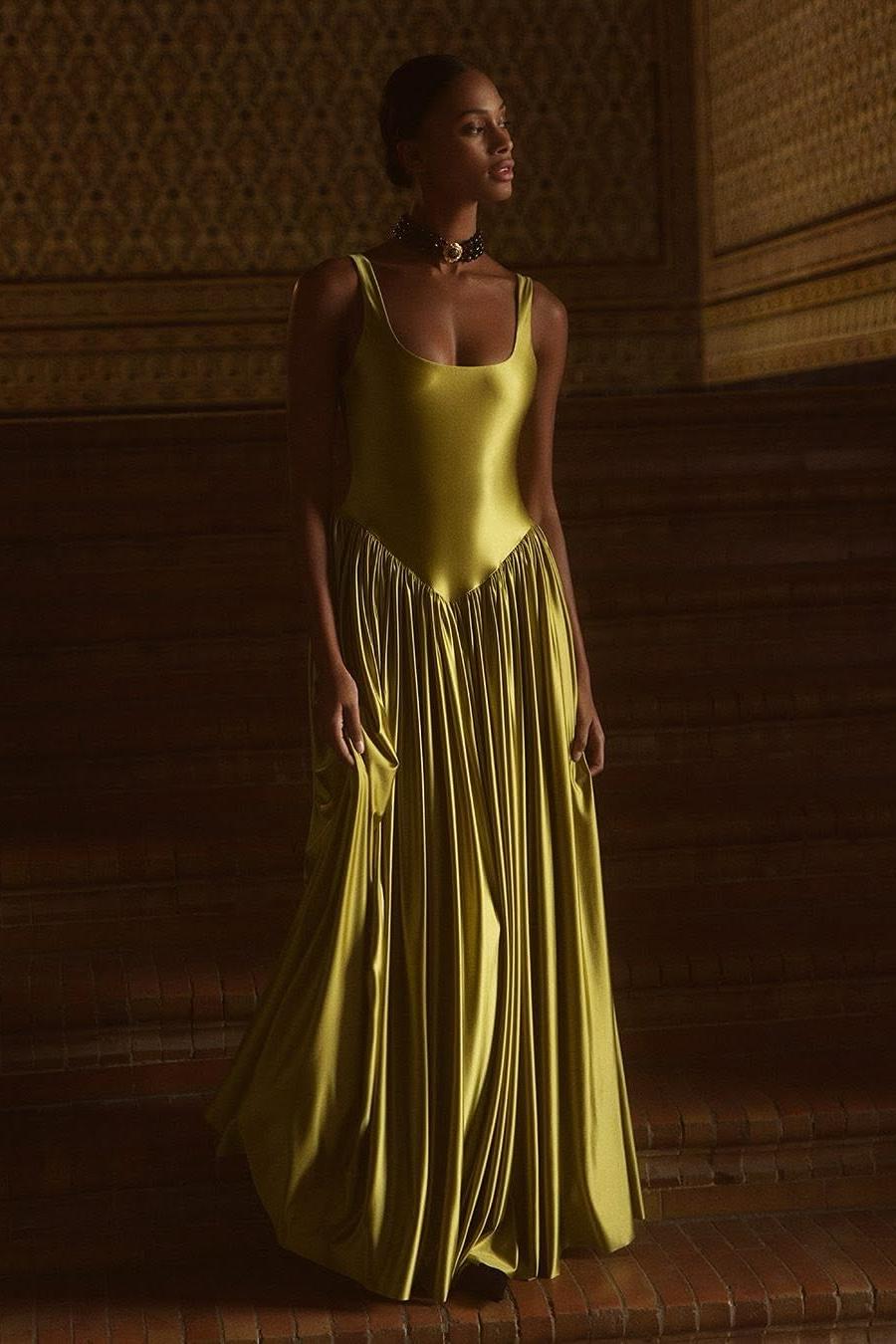Stunning Gold Satin Spaghetti Strap Sleeveless Long Prom Dress with Pleats | Ballbella
