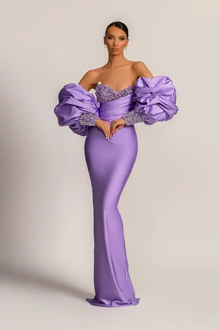 Purple Long-Sleeve Beaded Mermaid Evening Dress with Sequins | Ballbella