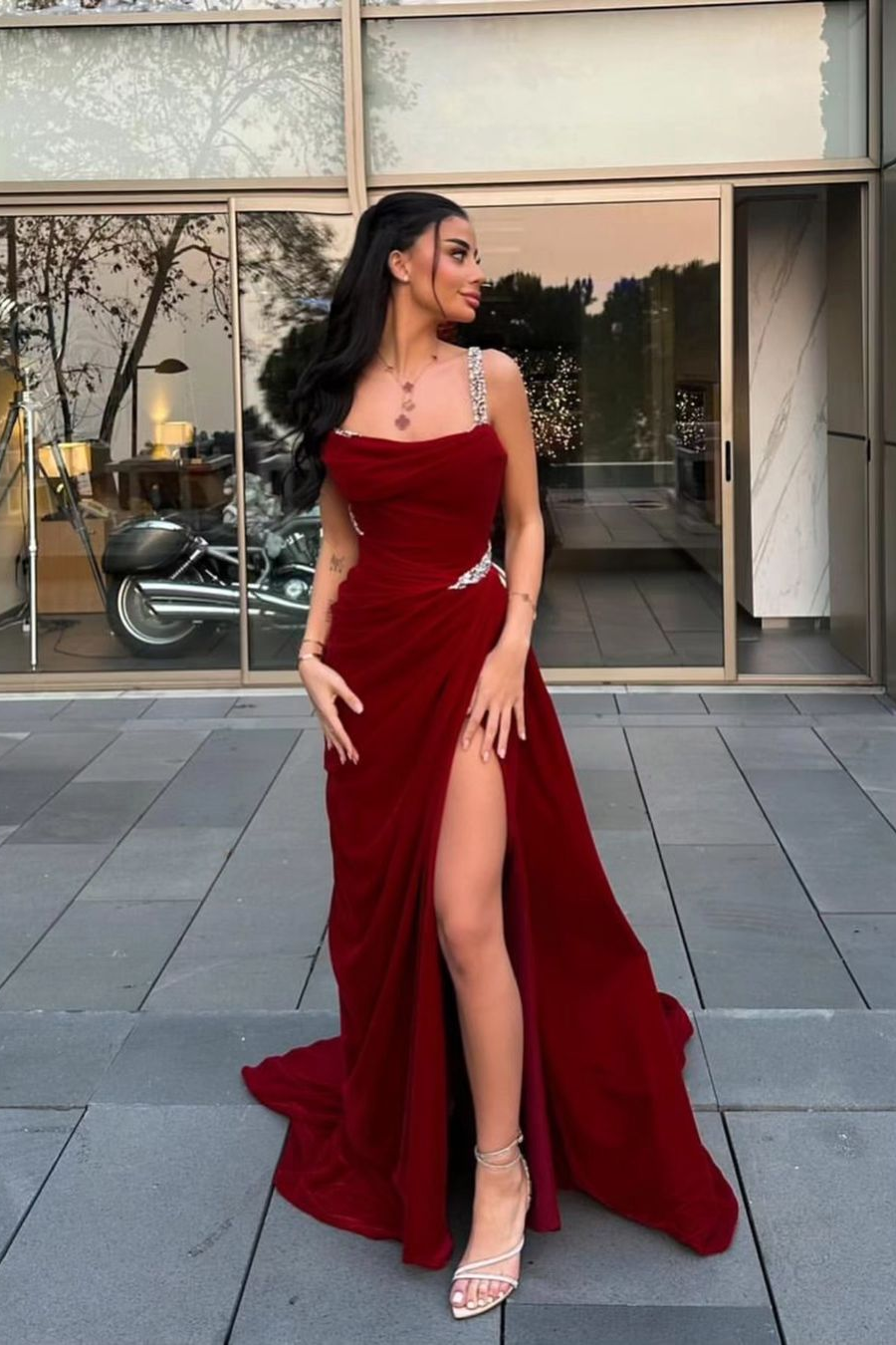 Stunning Red Satin Spaghetti Strap Sleeveless Long Prom Dress with Beadings | Ballbella