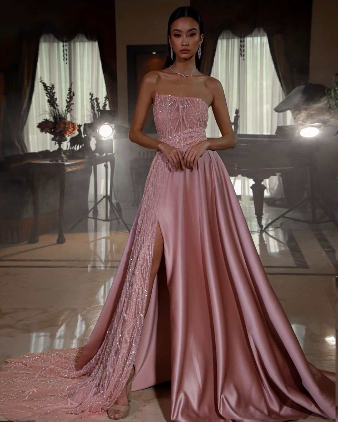 Pink Sleeveless Strapless Sequins A-Line Prom Dress with Split | Ballbella