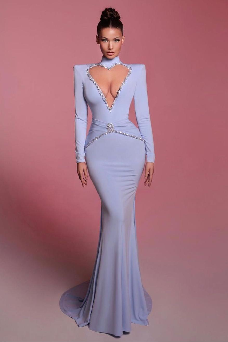 Stunning Blue Long-Sleeve High Neck Slim Mermaid Prom Dress with Beadings | Ballbella
