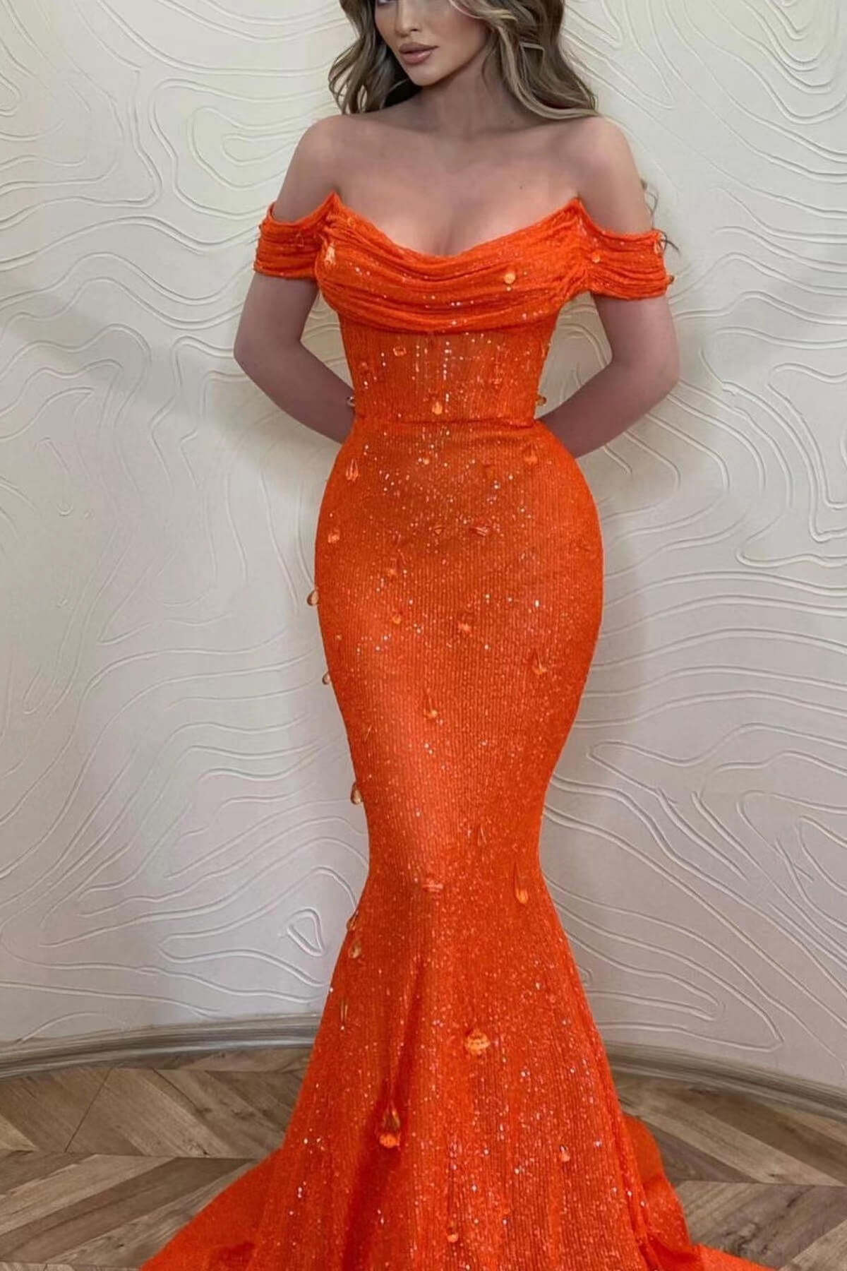Orange Off-the-Shoulder Mermaid Prom Dress with Sequins | Ballbella