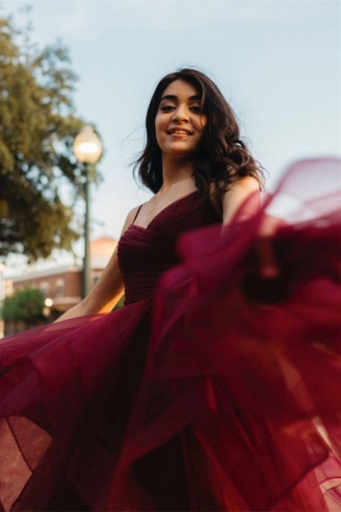 Spaghetti-Strap Burgundy Prom Dress with Ruffles | Ballbella