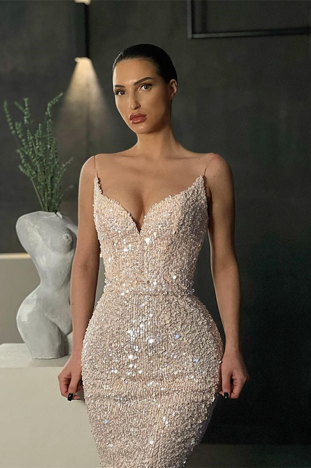 Spaghetti-Strap Long Evening Dress Mermaid with Sequins | Ballbella