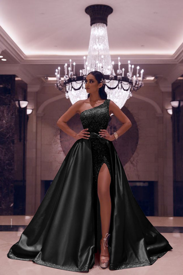 Silvery One-Shoulder Mermaid Long Prom Dress with Sequins and Split | Ballbella