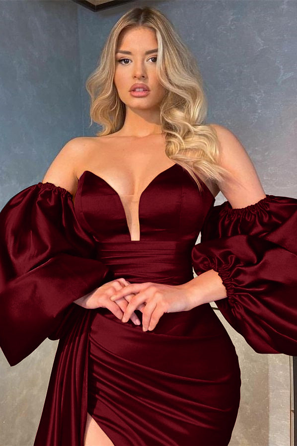 V-Neck Shiny Detachable Sleeves Evening Split Prom Dress with Long Ruffles | Ballbella