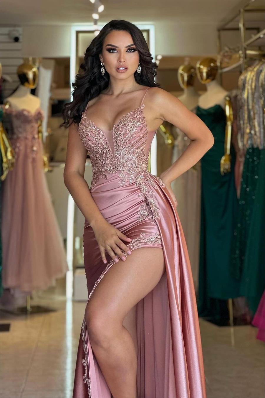 Stunning Satin Spaghetti Strap Sleeveless Prom Dress with Appliques and Long Split | Ballbella