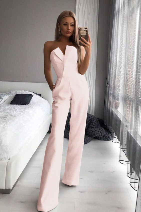 White Women’s Jumpsuit Bridal Wedding Bridesmaid Prom Graduation Corset Top Wide-Leg Pants | Ballbella