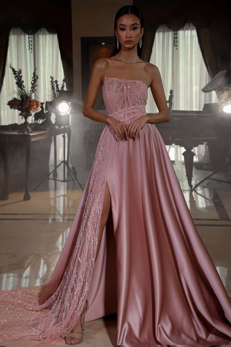 Pink Sleeveless Strapless Sequins A-Line Prom Dress with Split | Ballbella