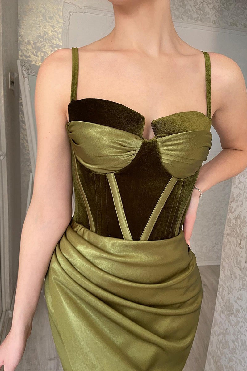 Pretty Olive Green Mermaid Prom Dress with Spaghetti Straps & Slit | Ballbella