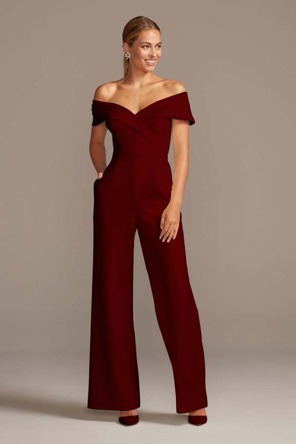 White Cuffed Off-the-Shoulder Stretch Crepe Jumpsuit | Ballbella