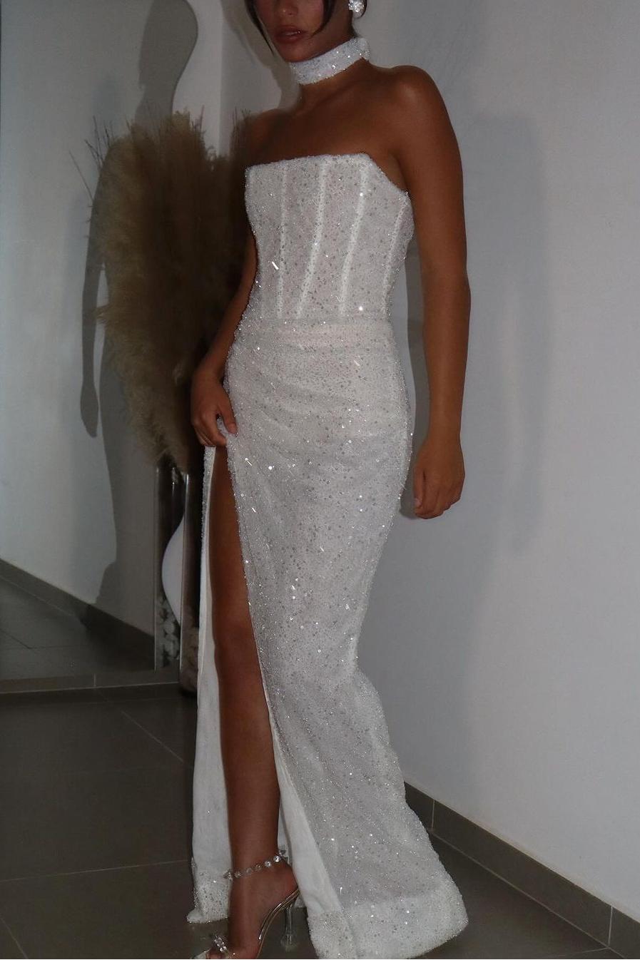 Shining White Sequins Strapless Sleeveless Long Pleated Prom Dress with Split | Ballbella