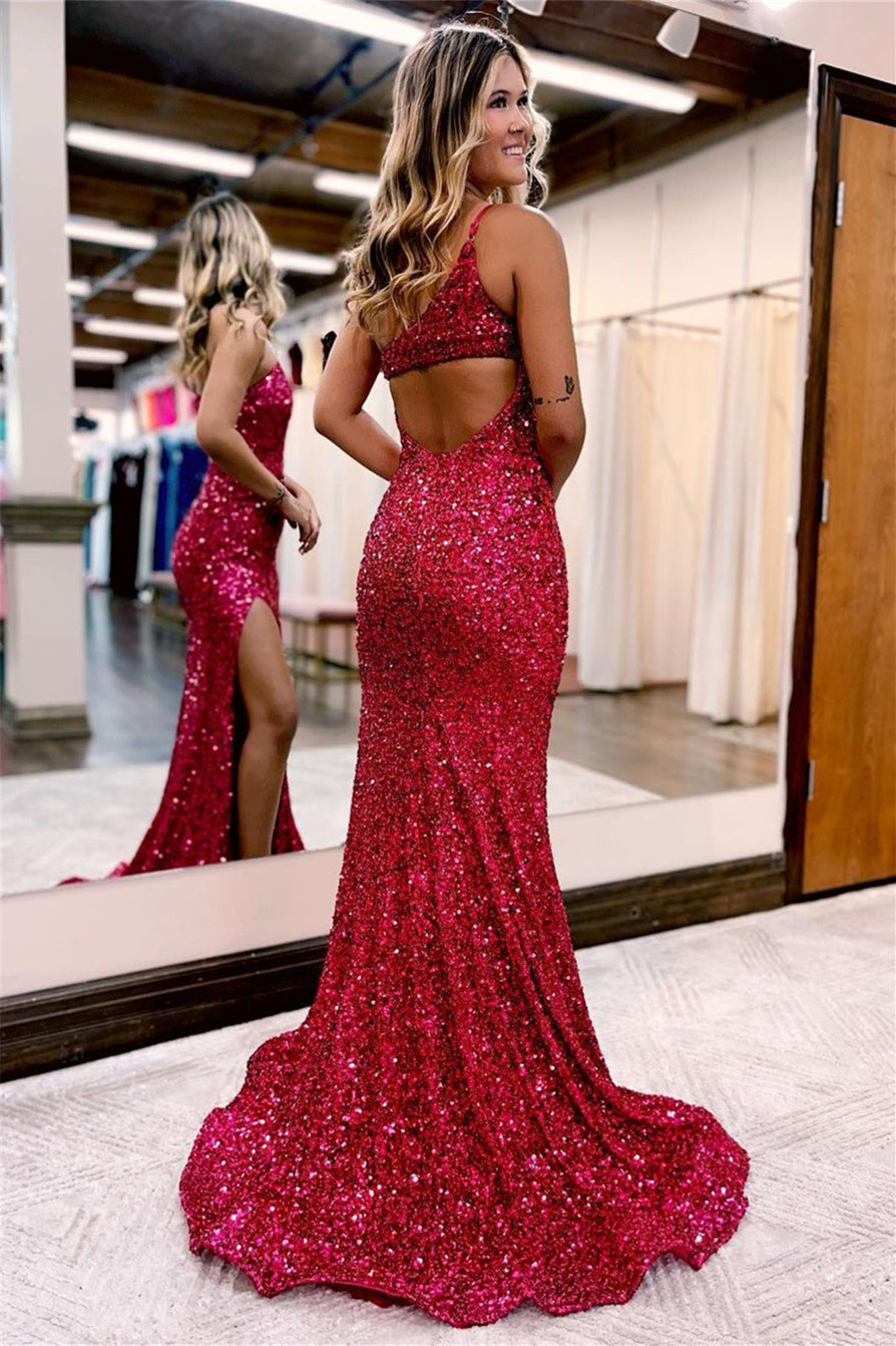 Stylish Hot Pink Strap Mermaid Prom Dress with Sequins and Split | Ballbella