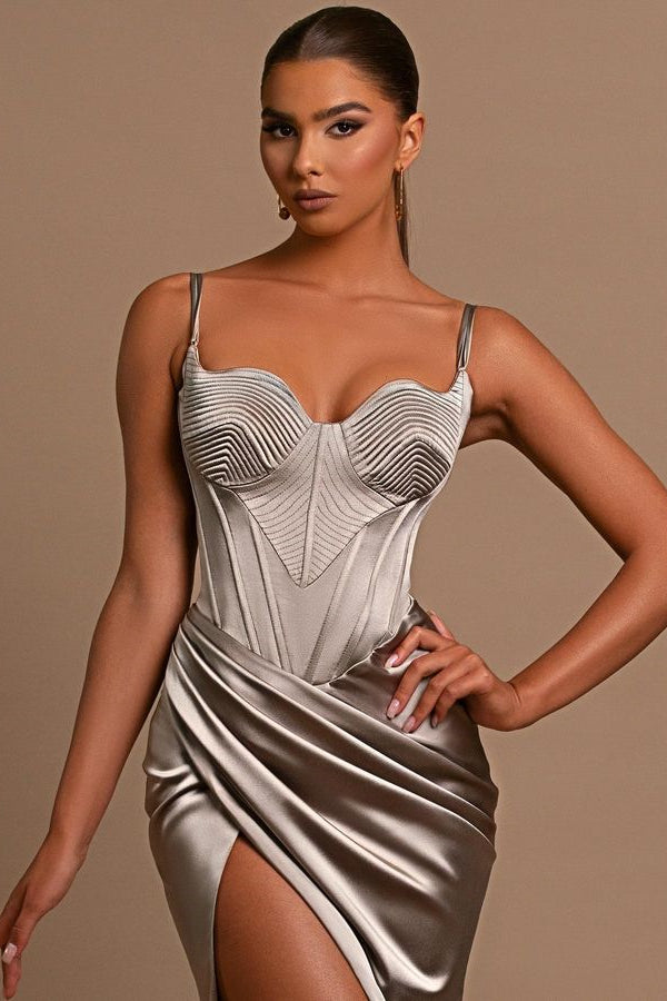 Silver Mermaid Vintage Slit Long Evening Dress with Spaghetti Straps | Ballbella