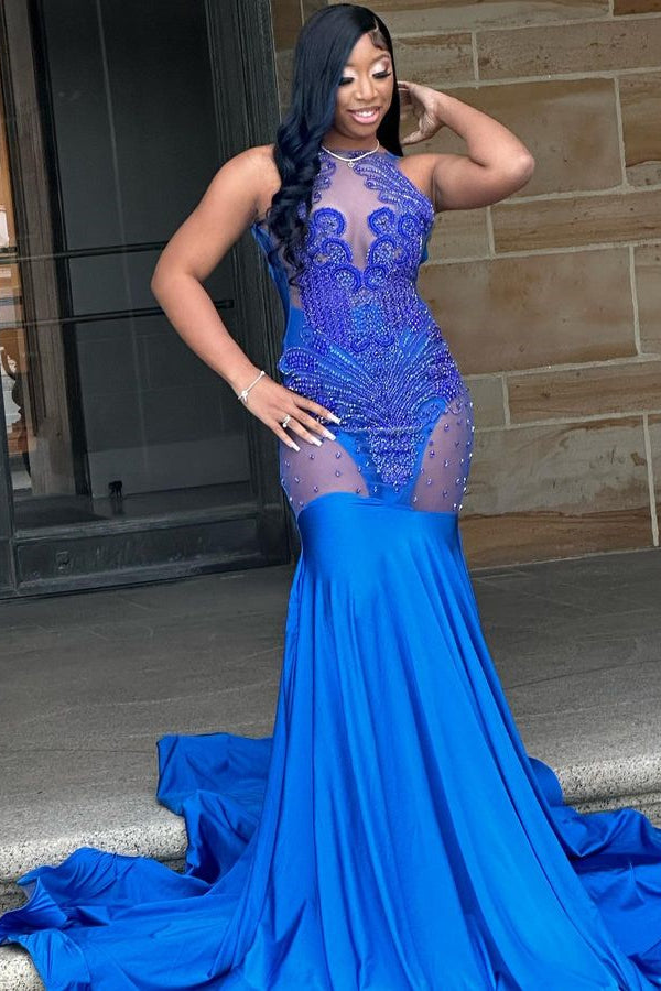 Gorgeous Royal Blue Jewel Crystal Mermaid Sleeveless Prom Dress
