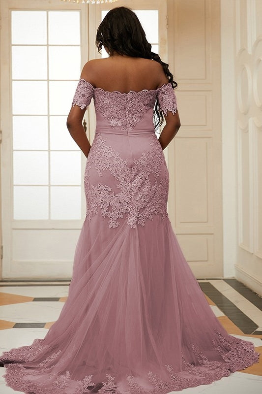 Pink Off Shoulder Tulle Appliques Side Slit Bespoke Prom Dresses