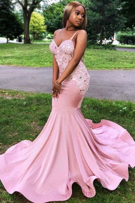 Glamorous Blushing Pink Straps Appliques Sequins Mermaid Prom Dresses