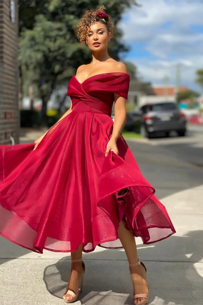Off-the-Shoulder Short Burgundy Evening Dress with A-Line | Ballbella
