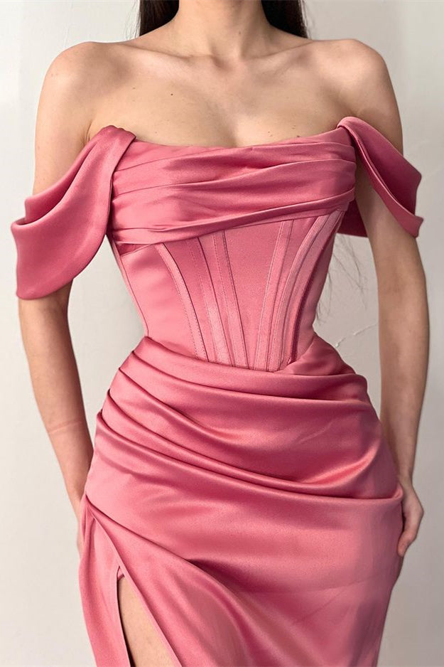 Off-the-Shoulder Pleated Dusty Rose Mermaid Prom Dress with Split | Ballbella