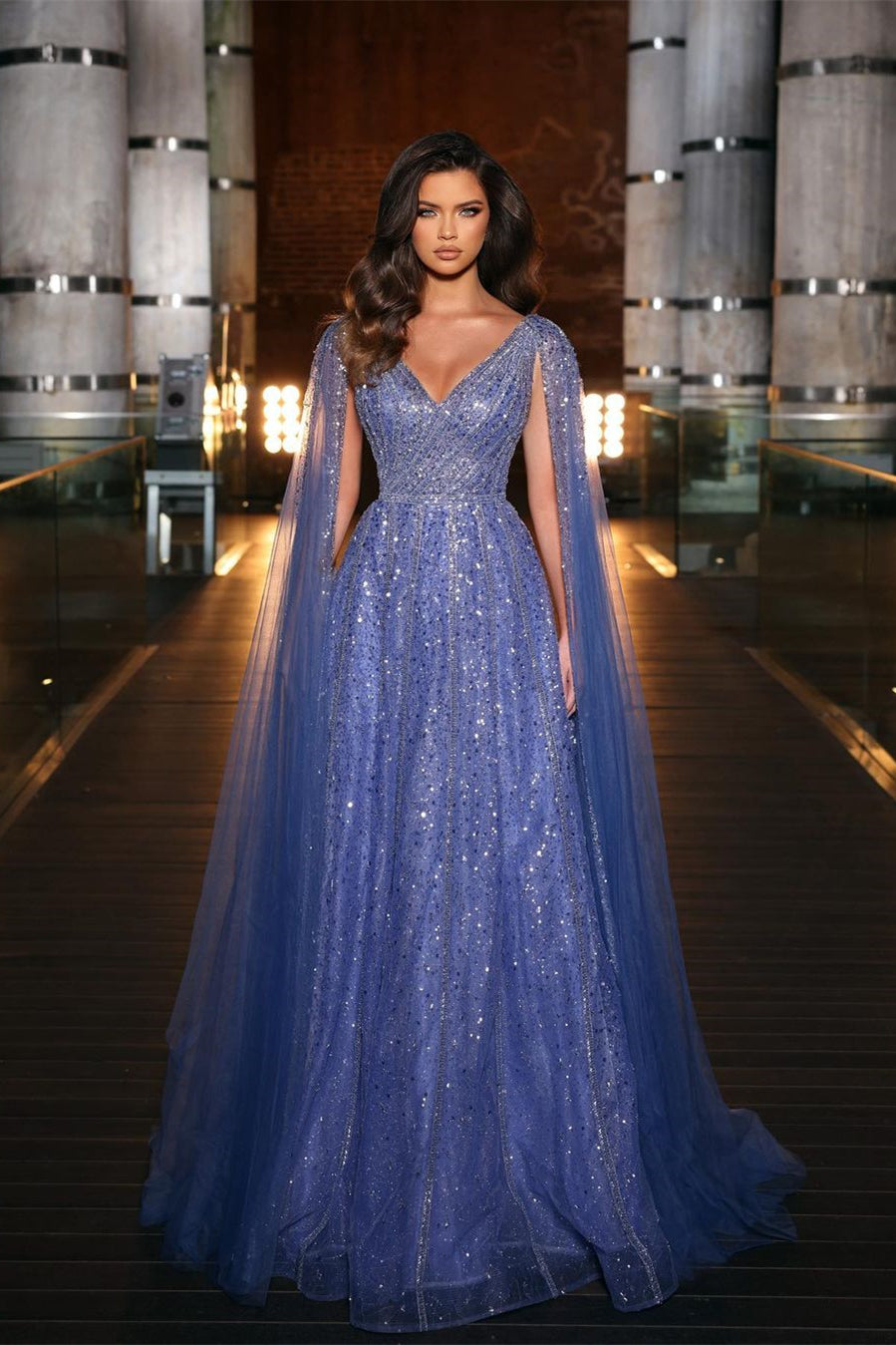 Pretty Royal Blue Tulle Long Evening Dress with Beadings, Sequins, and Ruffles | Ballbella