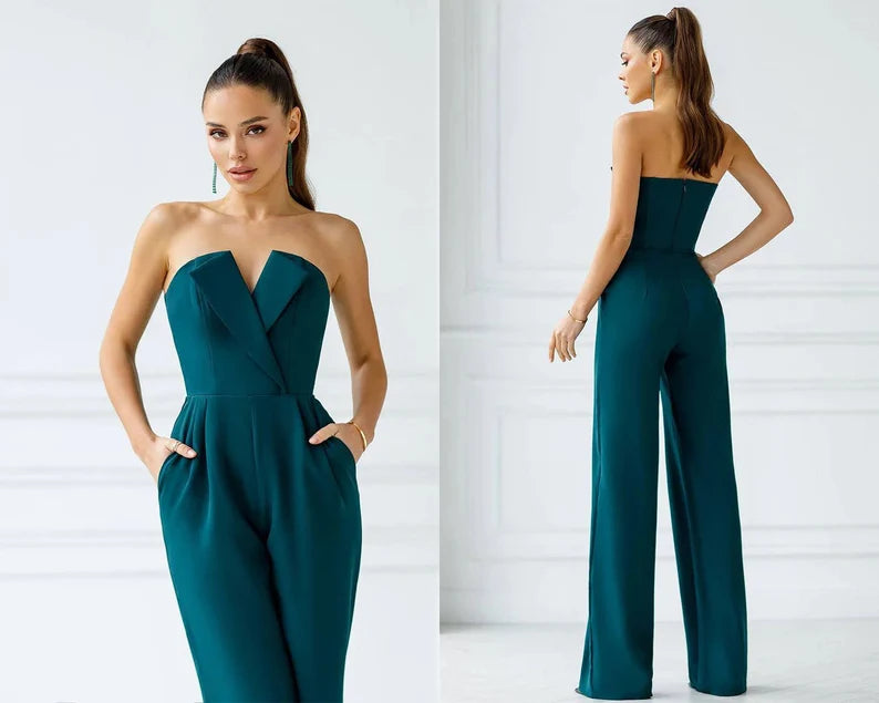 White Women’s Jumpsuit Bridal Wedding Bridesmaid Prom Graduation Corset Top Wide-Leg Pants | Ballbella