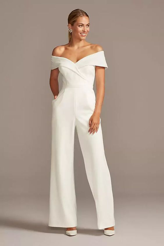 White Cuffed Off-the-Shoulder Stretch Crepe Jumpsuit | Ballbella