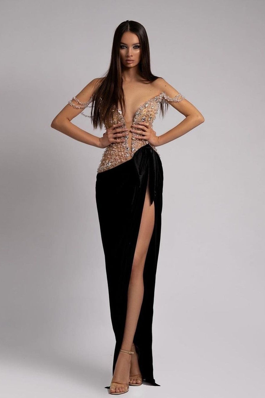 Unique Off-the-Shoulder Black Slit Mermaid Prom Dress with Beads | Ballbella