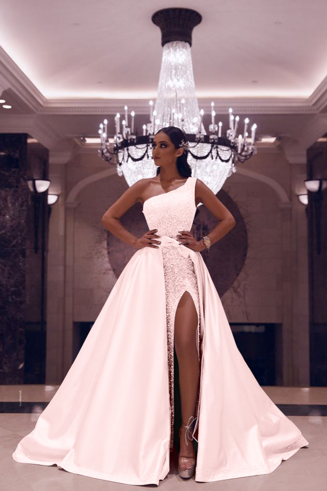Silvery One-Shoulder Mermaid Long Prom Dress with Sequins and Split | Ballbella