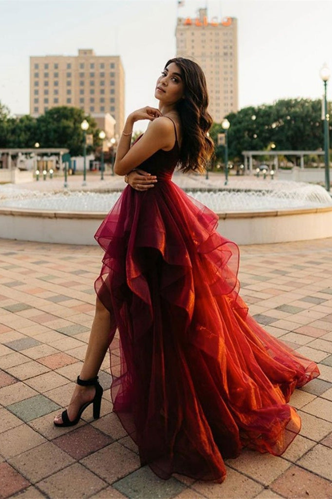 Spaghetti-Strap Burgundy Prom Dress with Ruffles | Ballbella