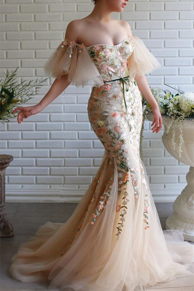 Off-the-Shoulder Mermaid Evening Dress with Flowers and Beadings | Ballbella