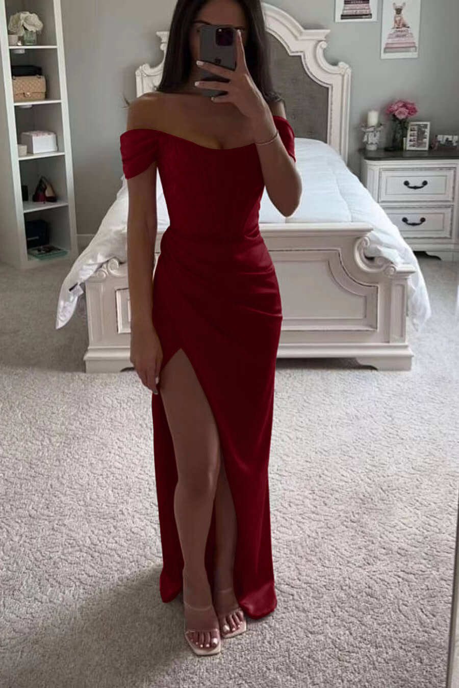 Red Off-the-Shoulder Mermaid Prom Dress with Split | Ballbella