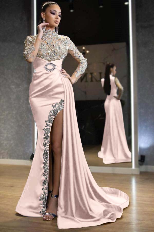 Royal Blue Beaded Long-Sleeve Mermaid Prom Dress with Split and Ruffles | Ballbella