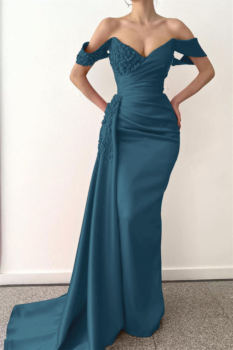 Red Beaded V-Neck Off-the-Shoulder Mermaid Prom Dress with Long Ruffles | Ballbella