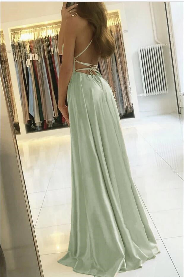Spaghetti-Strap Long Prom Dress with Front Split | Ballbella