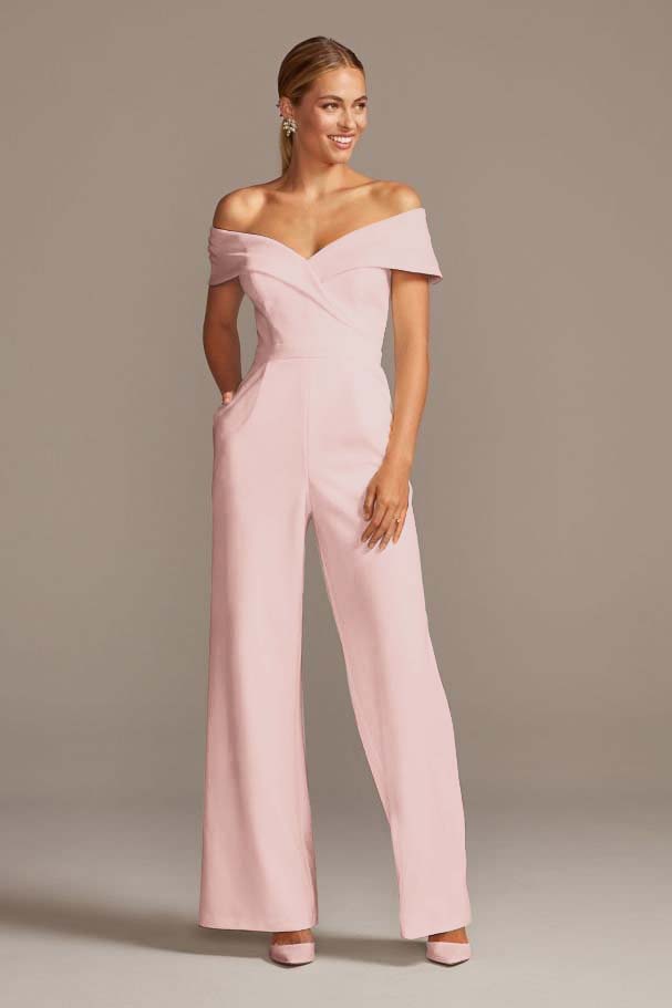 White Cuffed Off-the-Shoulder Stretch Crepe Jumpsuit | Ballbella