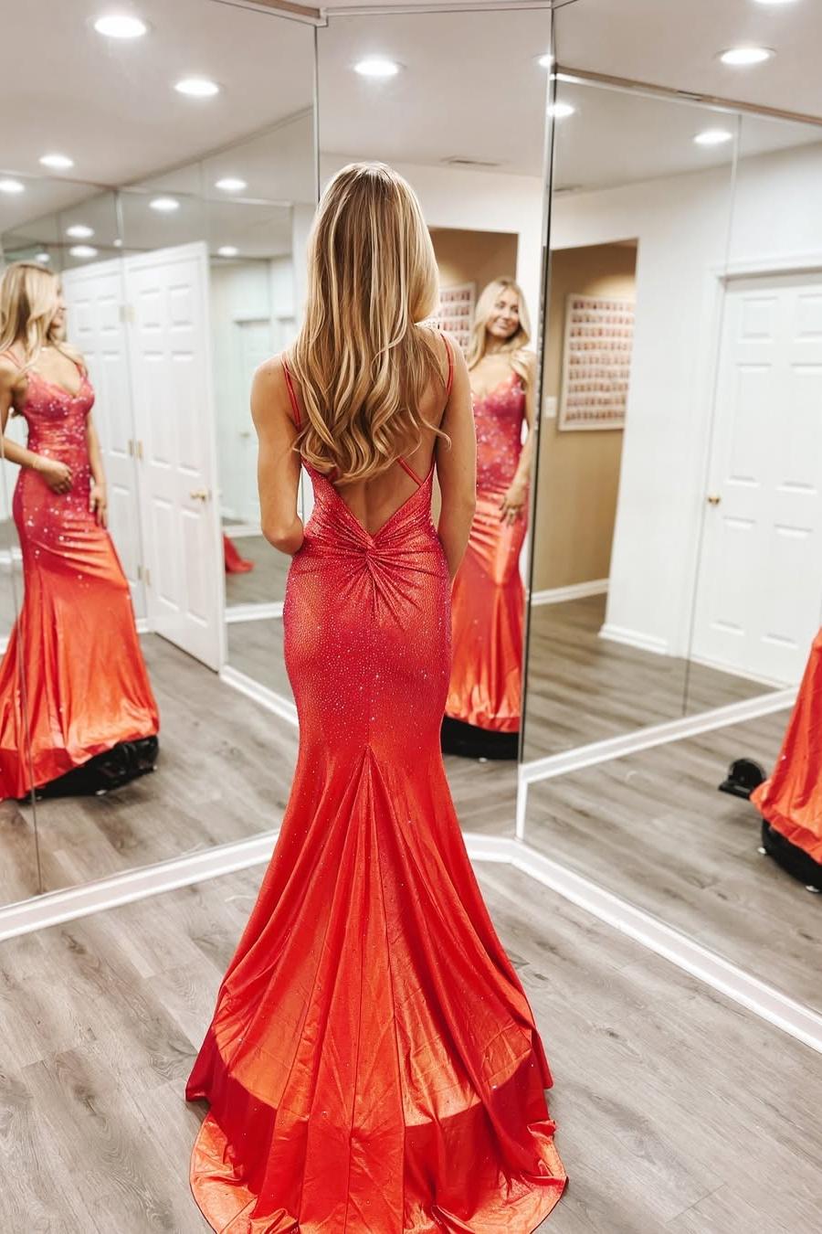 Shining Orange Spaghetti Strap Sleeveless V-Neck Mermaid Prom Dress with Beadings | Ballbella