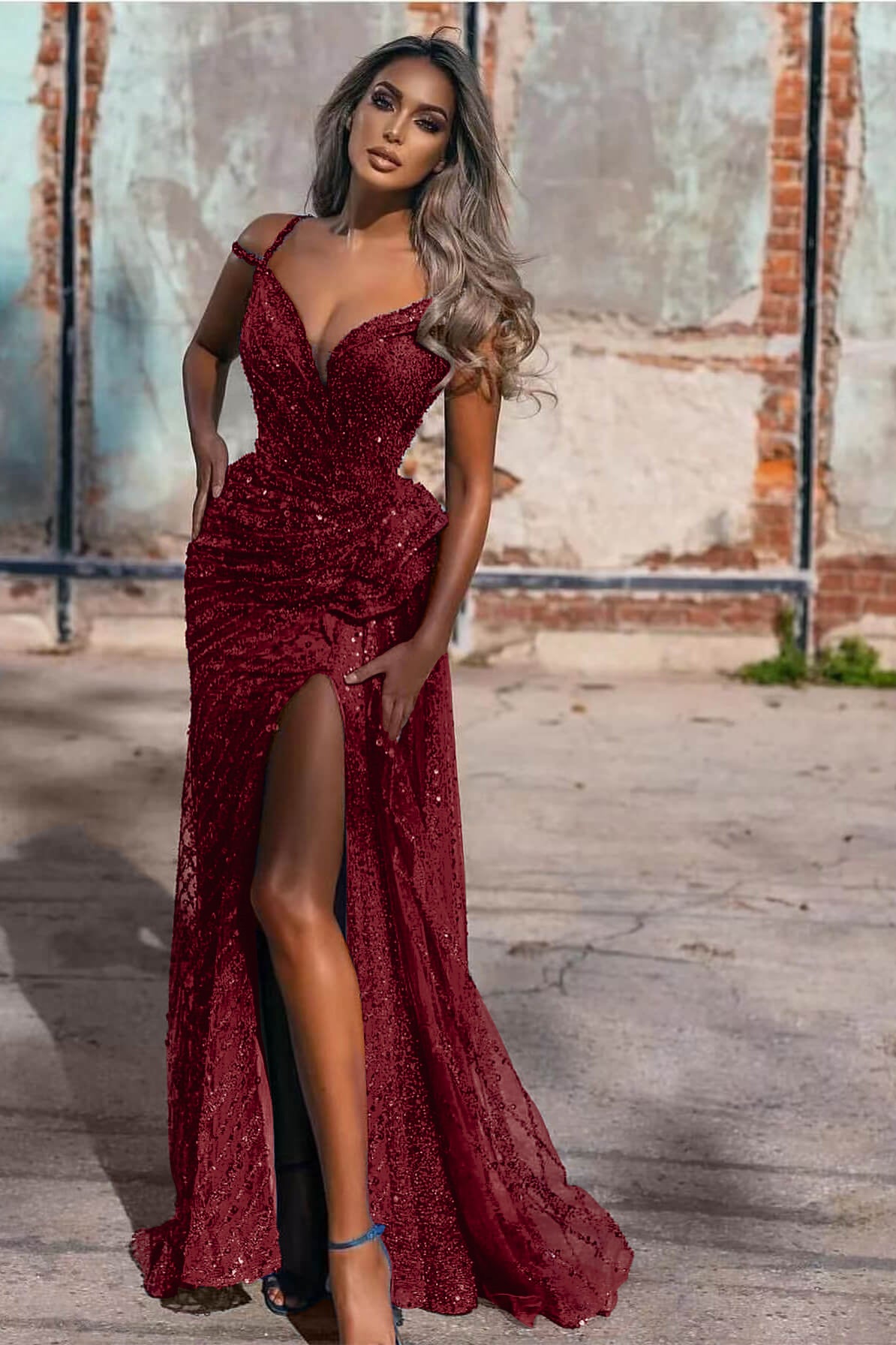 Sequins Royal Blue Off-the-Shoulder Evening Dress with Split Mermaid | Ballbella