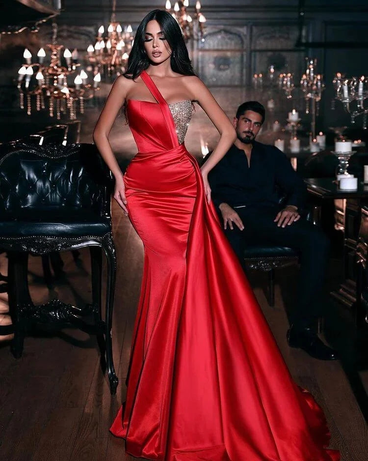 Stunning Long Red One-Shoulder Mermaid Prom Dress with Ruffles and Beads | Ballbella