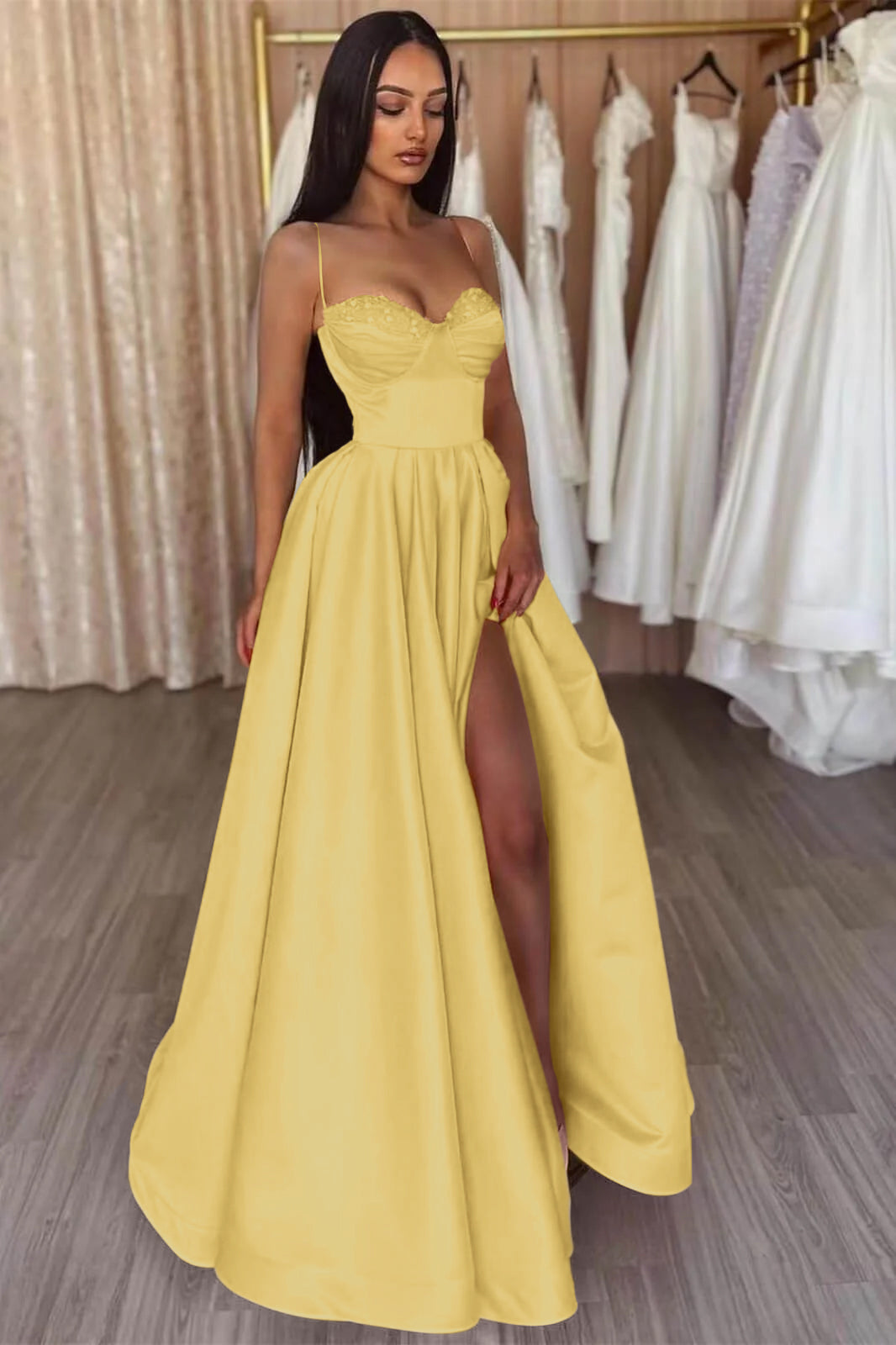 Yellow Split Evening Dress A-Line with Spaghetti-Straps | Ballbella