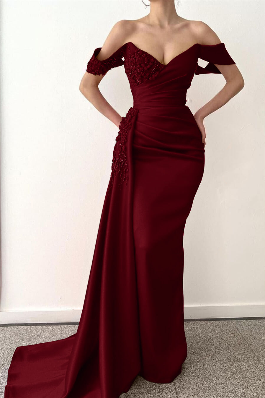 Red Beaded V-Neck Off-the-Shoulder Mermaid Prom Dress with Long Ruffles | Ballbella