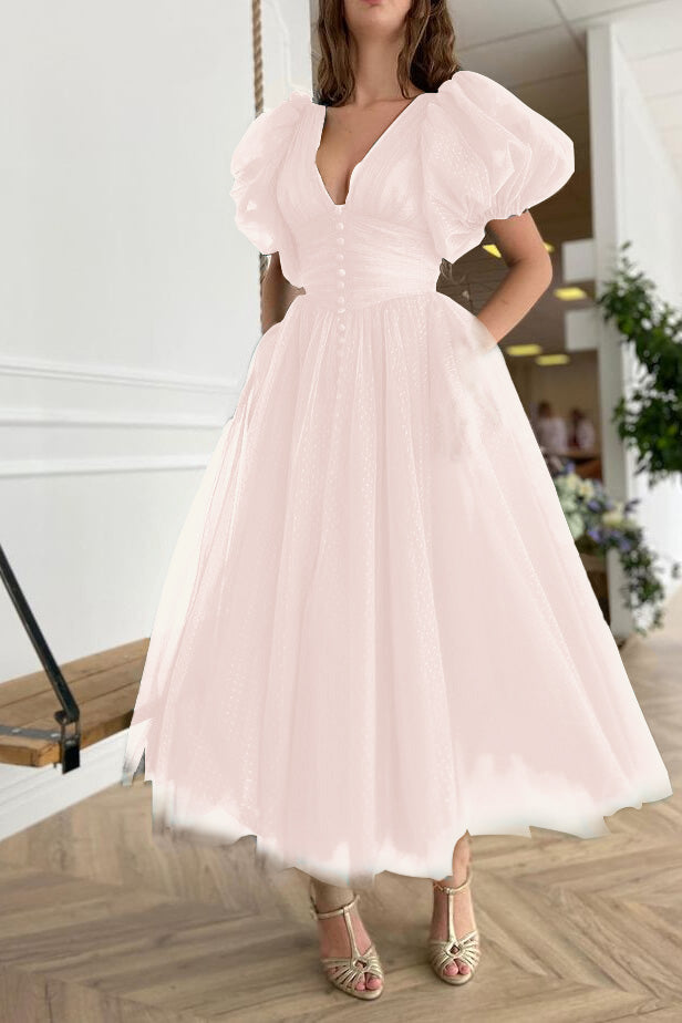 V-Neck Dark Green Evening Dress A-Line with Short Sleeves | Ballbella