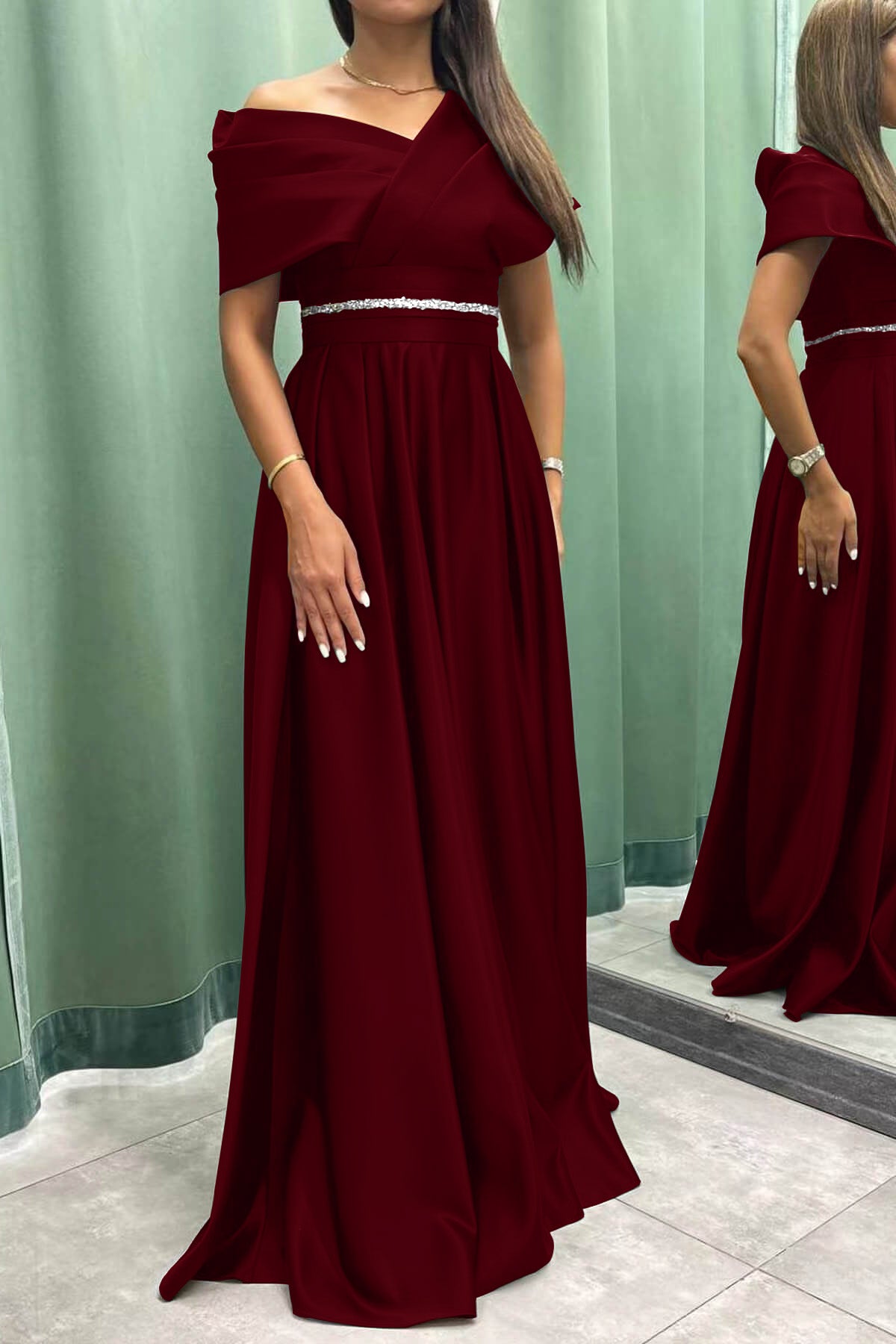 Off-the-Shoulder Elegant Long Evening Dress with Pleats | Ballbella
