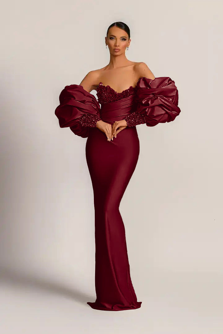 Purple Long-Sleeve Beaded Mermaid Evening Dress with Sequins | Ballbella