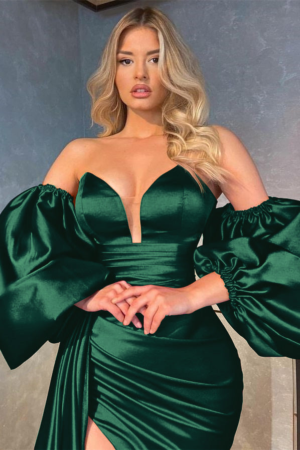 V-Neck Shiny Detachable Sleeves Evening Split Prom Dress with Long Ruffles | Ballbella