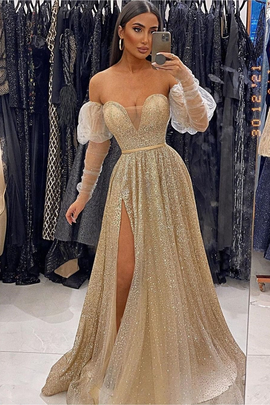 V-Neck Champagne Sequins Evening Prom Dress with Front Split and Long Sleeves | Ballbella