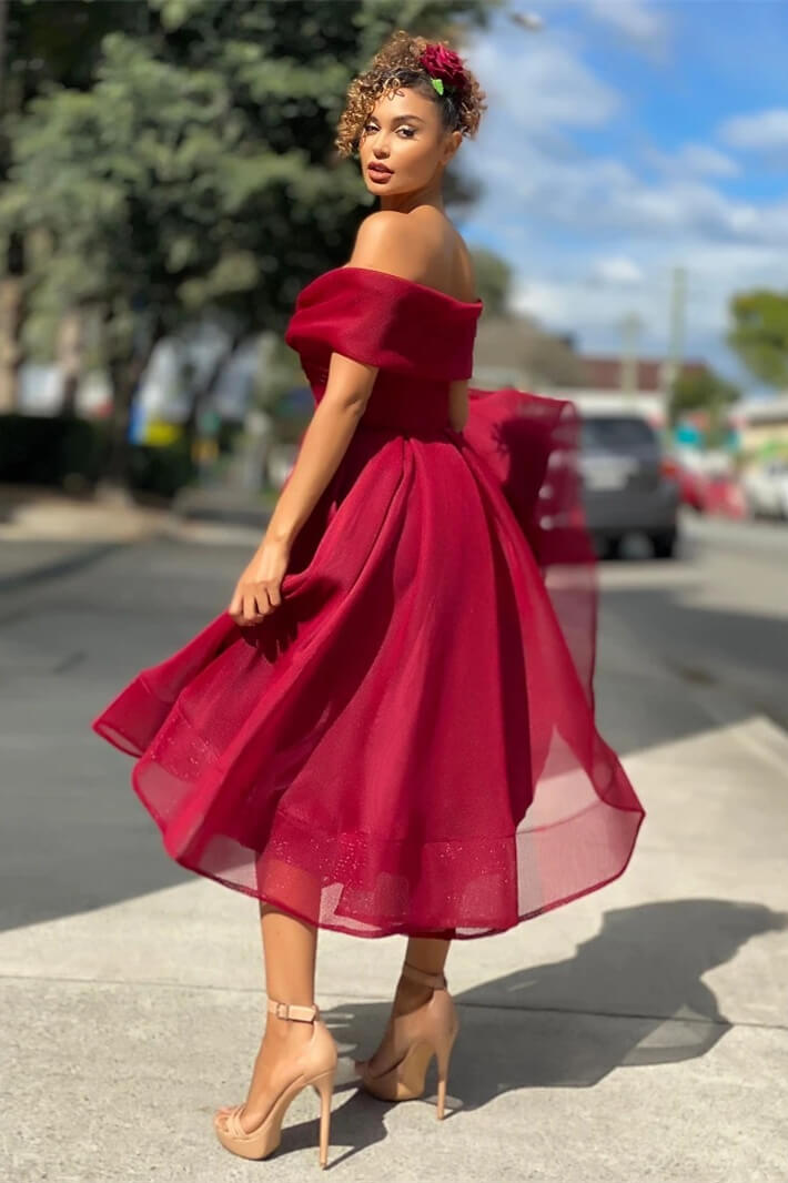 Off-the-Shoulder Short Burgundy Evening Dress with A-Line | Ballbella