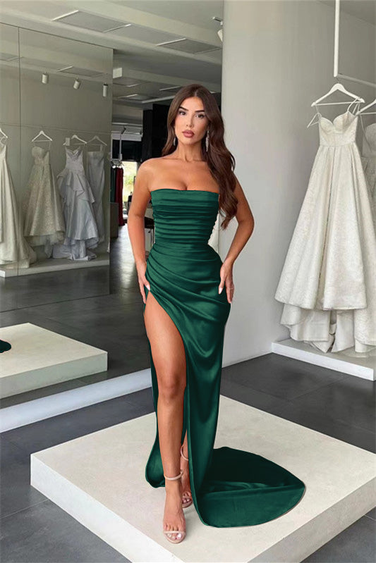 Amazing Coral Strapless Mermaid Prom Dress with Split and Pleats | Ballbella
