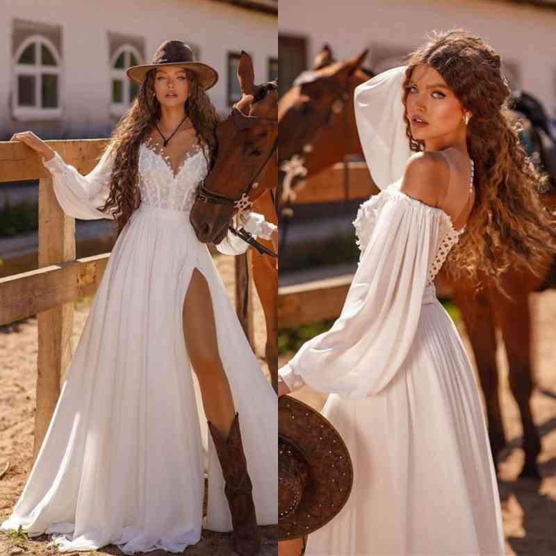 Vintage White V-Neck Split Evening Dress with Long Sleeves and Sheer Straps | Ballbella