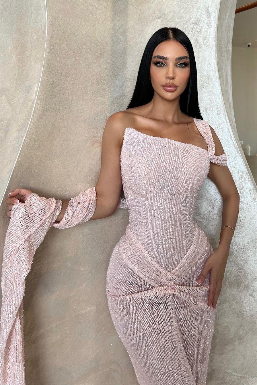 Stunning Pink Sequins One-Shoulder Sleeveless Prom Dress with Pleats | Ballbella